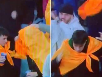 Shakhtar fan left gutted as mate knocks beer out of his hand during goal celebration