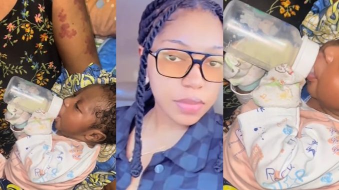 "This baby no come play oo" – Nigerian mum astonished as her 3-week-old infant grasps and holds feeding bottle without support (VIDEO)