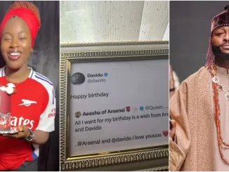 Arsenal fan frames 'tweet' as Davido makes her birthday wish come true