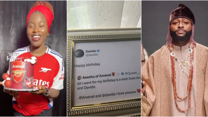 Arsenal fan frames 'tweet' as Davido makes her birthday wish come true