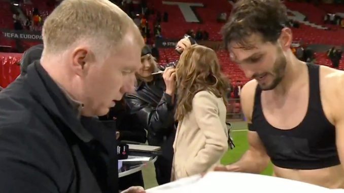 Heartwarming moment PAOK star asks Paul Scholes to sign his shirt live on TV after defeat to Man Utd