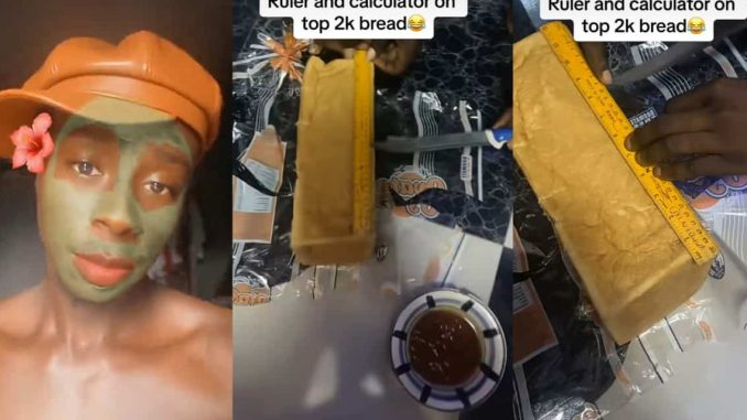 Man sparks debate for using calculator and ruler to divide ₦2k loaf of bread