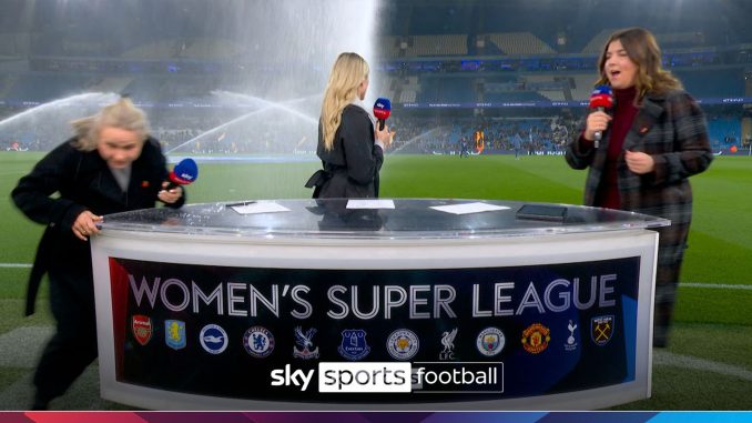 Awkward moment Sky Sports pundits drenched and forced to run for cover after sprinkler gaffe on live TV