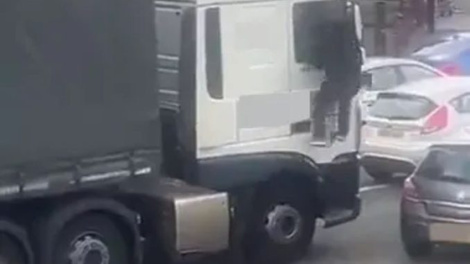 Shocking moment thug climbs INTO lorry through window to attack driver at traffic lights in ugly road rage brawl