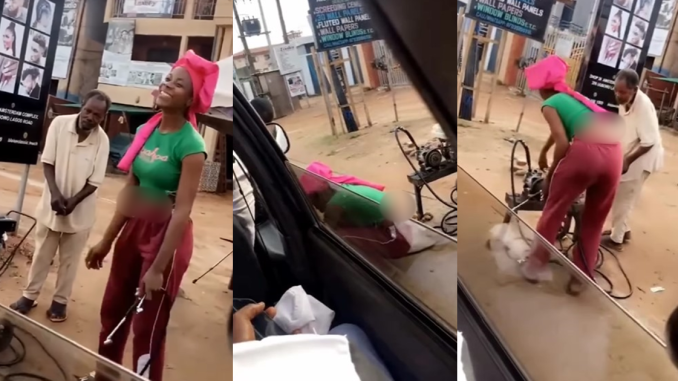 Nigerian lady mǝlts hearts as she helps aging father with vulcanizing job (WATCH)