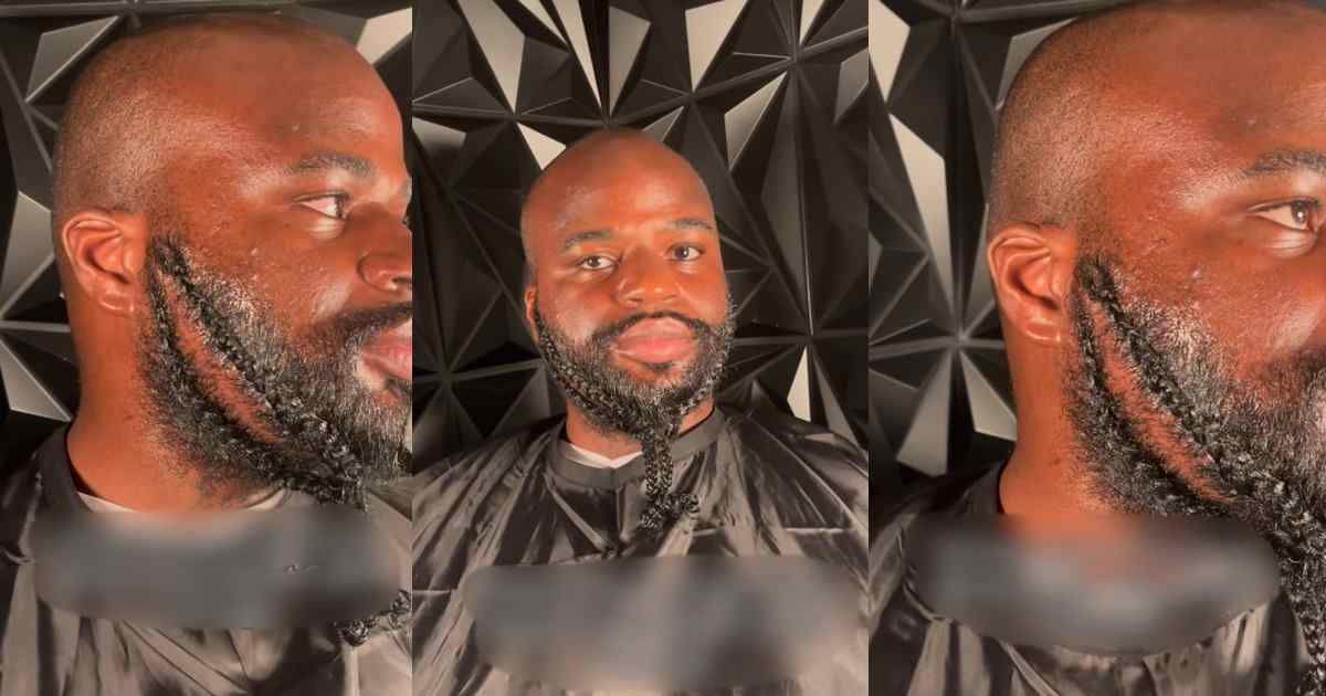 Abroad-based hairstylist shows off impressive braided beard on male client following a break in bookings (VIDEO)