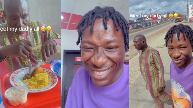 "Enjoyment kon be like strɘss for your papa" – Nigerian dad strugglɘs with cutlery at a fancy restaurant following son's treat (WATCH)