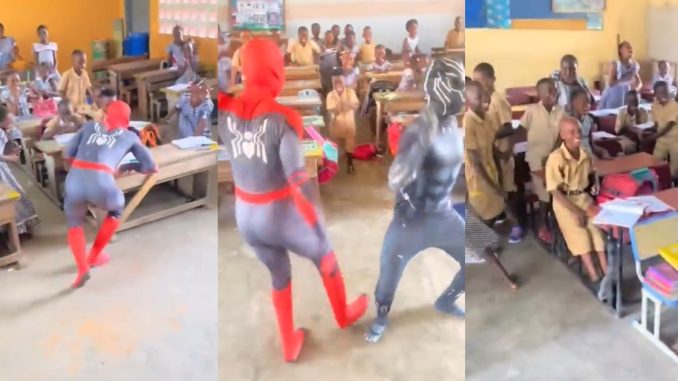 "These kids will never forget this day" – Pupils go w!ld as Spider-Man and Black Panther pays surprise visit to primary school (WATCH)