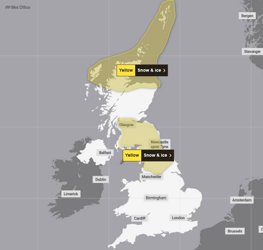 The Met Office has issued a yellow warning for parts of northern England and southern Scotland on Monday and Tuesday