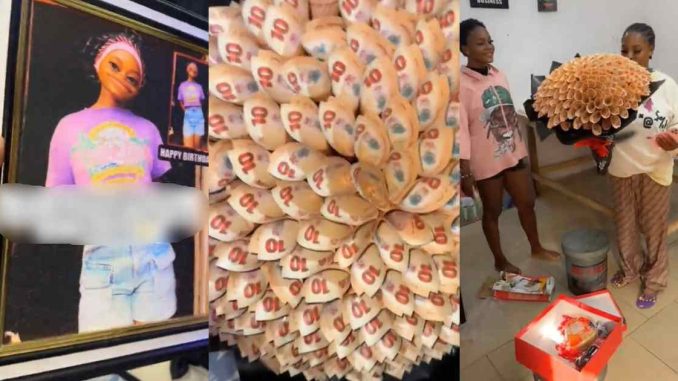 Lady gifts friend ₦10 notes bouquet and bread as creative revɘnge gift after receiving funny picture frame for her birthday (WATCH)