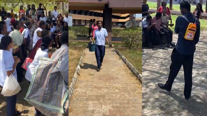 "Who be that one wey carry pot" – Nigerian students get creative on 'No Bag Day', show up with unusual carriers (WATCH)