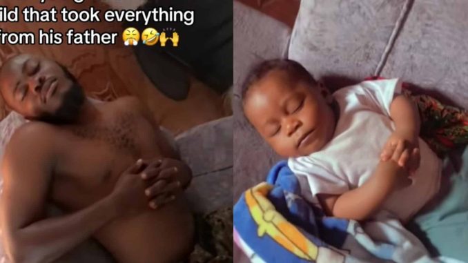 Mom surprised as son adopts same sleeping position as his father