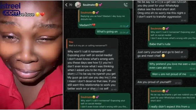 Lady shares chat with boyfriend who criticized her look over WhatsApp post