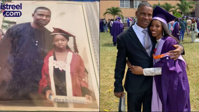 UNIBEN student celebrates graduation, recreates old photo with her father