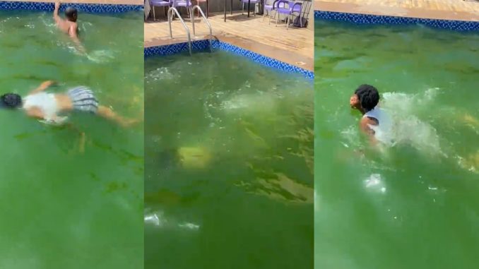 "Is this a pond or a pool?" – Tongue w@gs as lady swims with ease in the algae-filled pool at a lounge (WATCH)