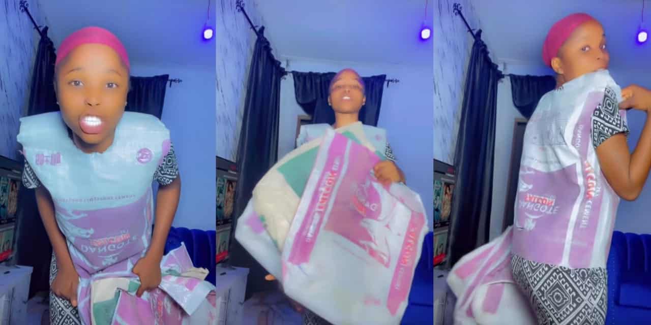 Lady advertises Dangote cement bags as 'party' and 'couples wear'