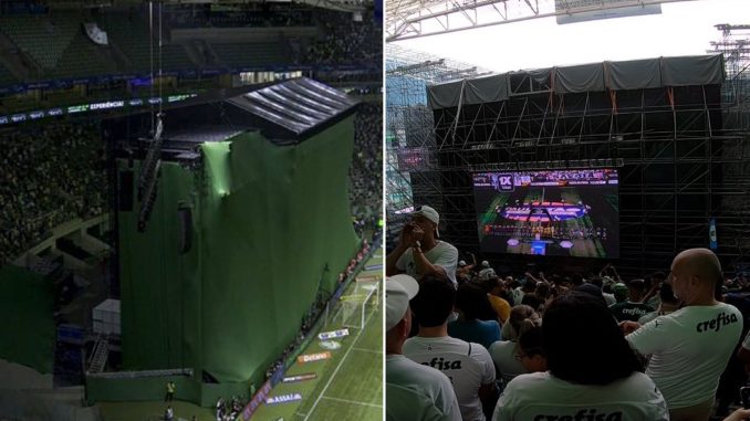 Entire stand in 44,000-capacity stadium unable to watch live match as giant screen blocks view of pitch