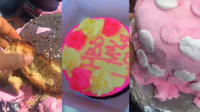 Lady becomes a vict!m of 'what I ordered vs what I got' after vendor delivers ₦20,000 stone-like cake (VIDEO)