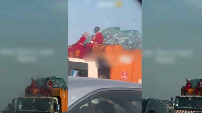 A motorist is stúnned after spotting men in Santa Claus costumes sitting a on waste truck in Lagos (WATCH)