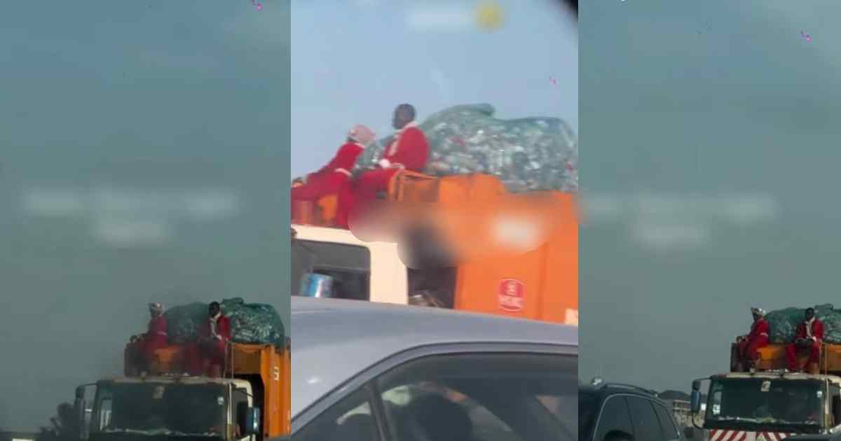 A motorist is stúnned after spotting men in Santa Claus costumes sitting a on waste truck in Lagos (WATCH)