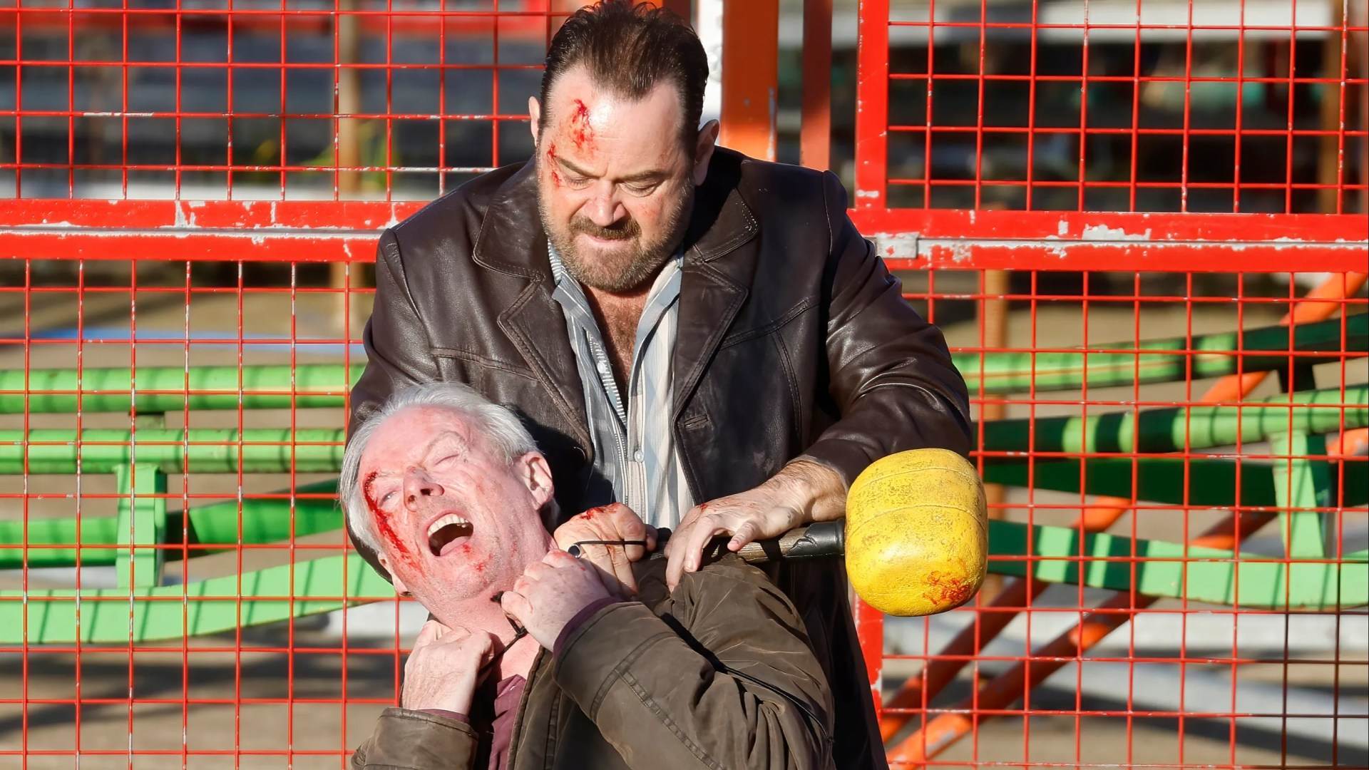 TV hardman Danny Dyer covered in blood as he throttles co-star on the set of comedy Mr Big Stuff's second series