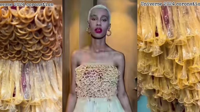 Congolese lady wows internet with unique dress made entirely from condoms