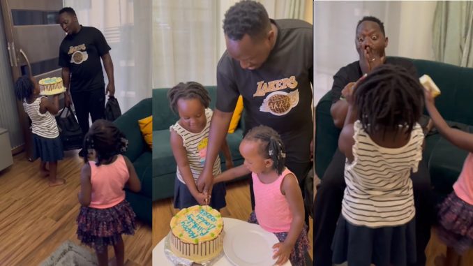 Heartwarming moment little girls welcomed their Daddy with a birthday surprise (WATCH)