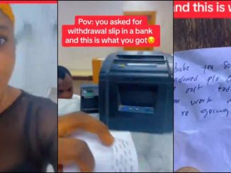 Lady exposes note she received from bank staff after asking for withdrawal slip