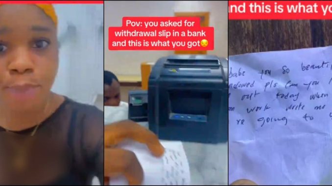 Lady exposes note she received from bank staff after asking for withdrawal slip