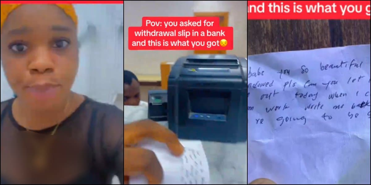 Lady exposes note she received from bank staff after asking for withdrawal slip