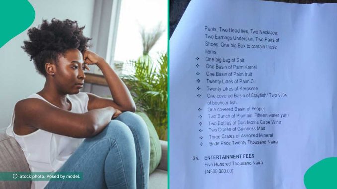 Lady from Akwa Ibom Weeps as Suitor Flees after Seeing Her Bride Price List, Displays it Online