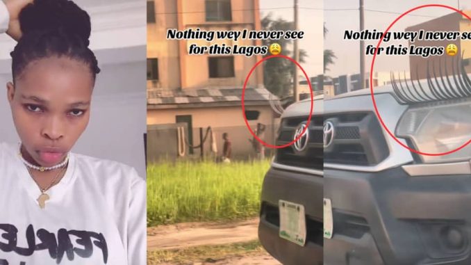 Lady in disbelief after spotting car with eyelashes in Lagos