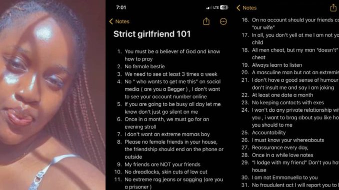 Lady posts 31 strict relationship rules for future boyfriend on social media