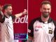 Luke Littler's opponent celebrates wildly after finally winning a leg against him at darts Players Championship