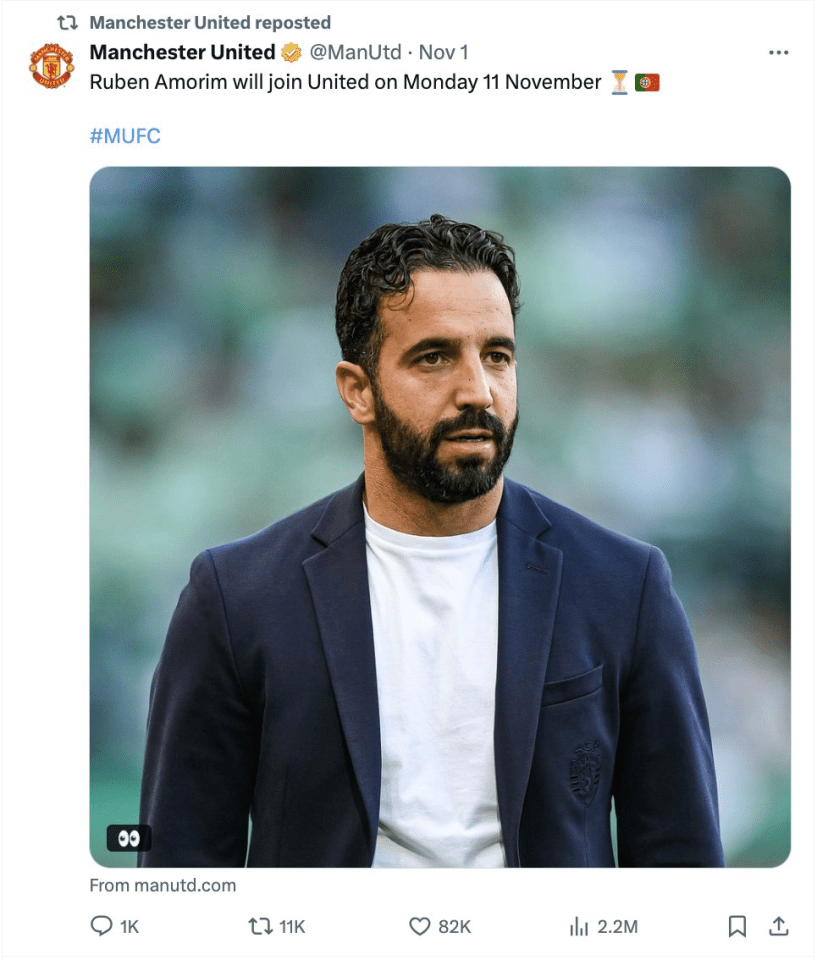 The club reshared their announcement of Amorim after he beat Man City