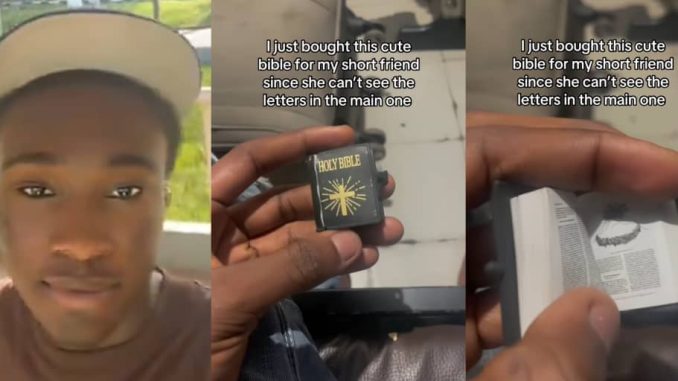 Man flaunts cute mini Bible he bought for short friend with difficulty in reading large texts