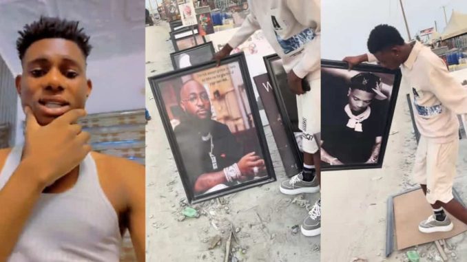 Man crushes Davido's framed photo, steps on it while purchasing Wizkid's frame