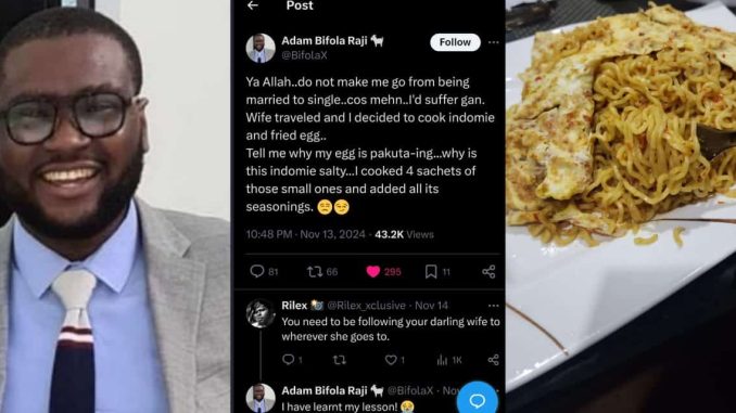 Man regrets cooking noodles by himself in wife’s absence, begs God not to make him unmarried