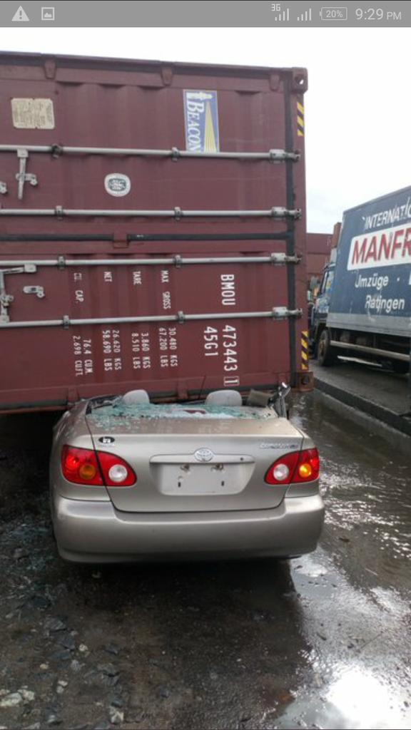 Man rescued unscathed as 40ft container crushes car in Lagos