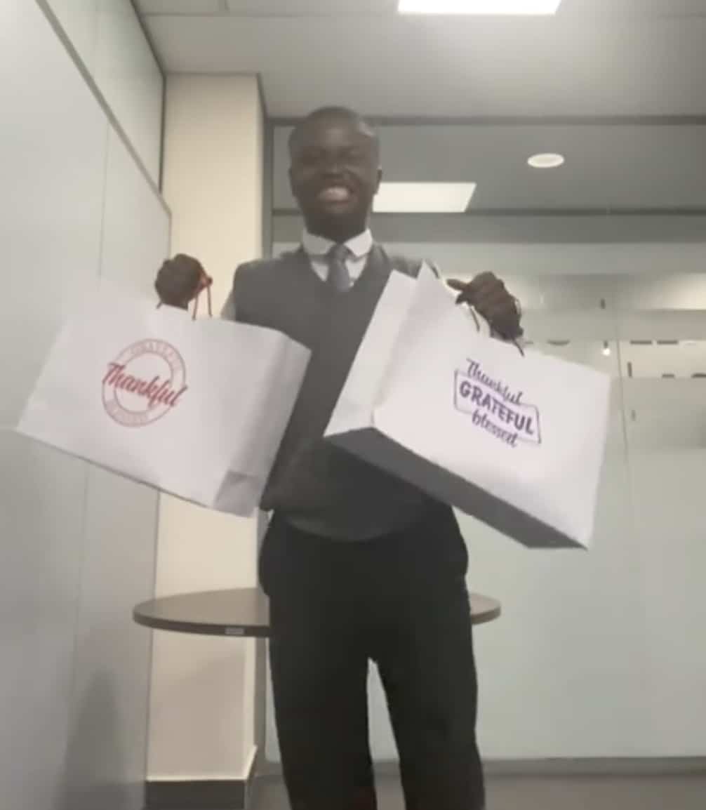 Man sparks a buzz as he flaunts free food from 9-5 job