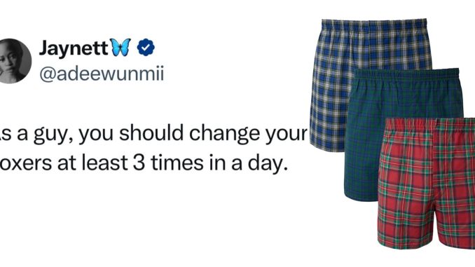 Men take to correct!on as lady instructs that they change their boxers at least 3 times in a day