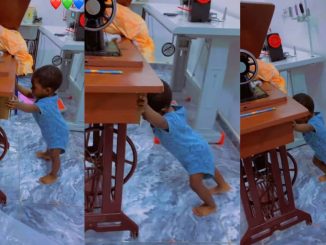 Mother shocked as she sees baby effortlessly pushing sewing machine