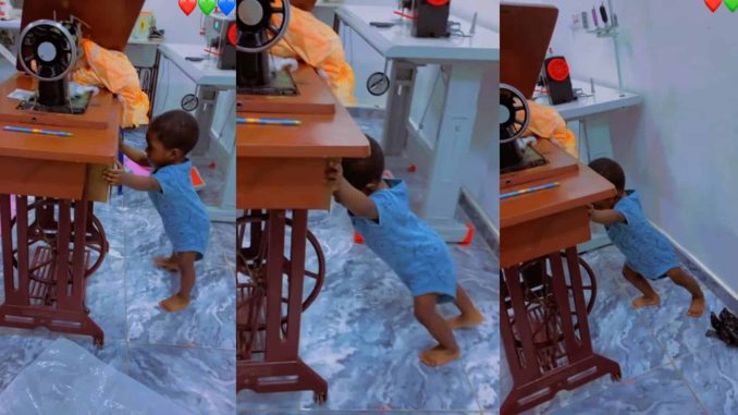 Mother shocked as she sees baby effortlessly pushing sewing machine