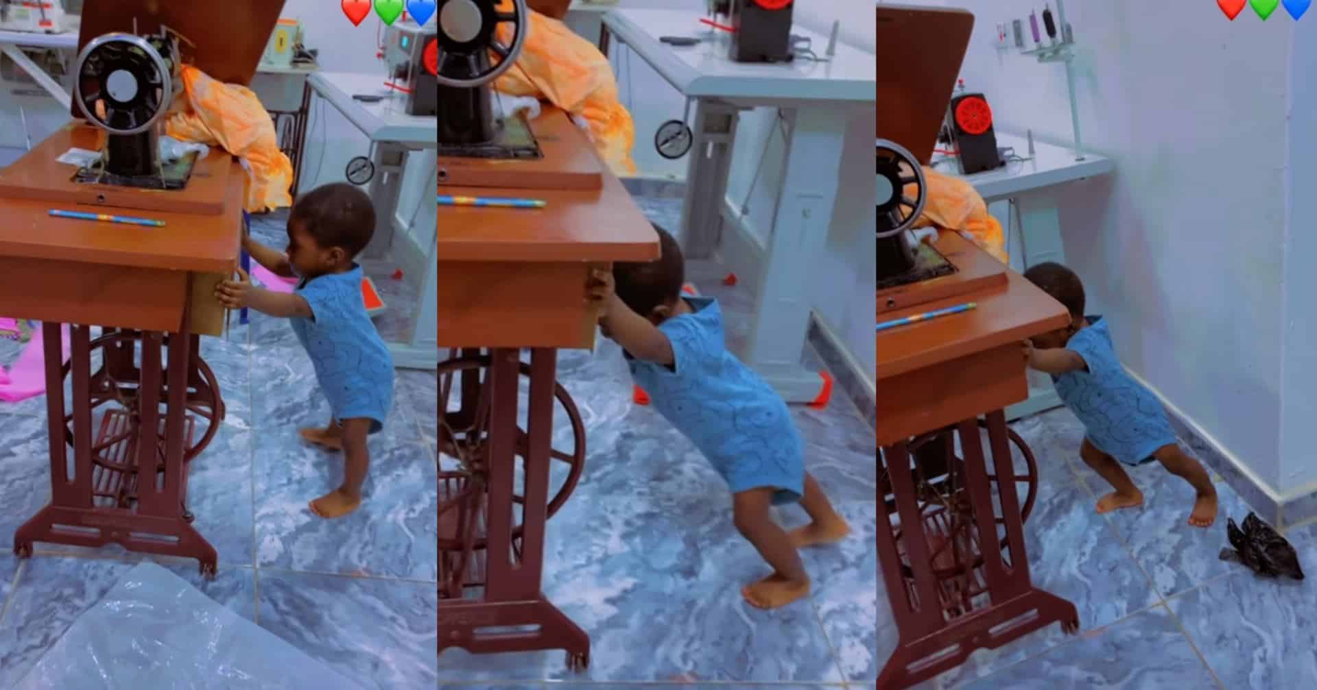 Mother shocked as she sees baby effortlessly pushing sewing machine