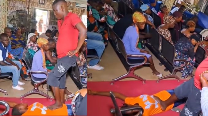 Reactions as Nigerian pastor uses his powerful legs to drive dǝmons out of a girl (WATCH)