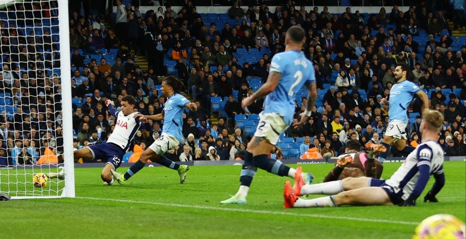 Brennan Johnson slide in to score Spurs' fourth in stoppage time at City where thumped 4-0