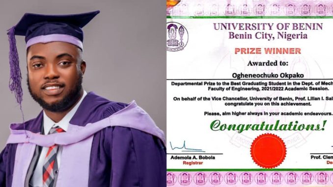 UNIBEN graduate awarded ₦5,000 as Best Graduating Student with 4.80/5.0 CGPA