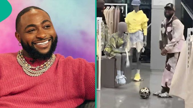 Video of Davido Playing Football in a Clothing Store in US Ignites Reactions: “Assurance Cover Am”