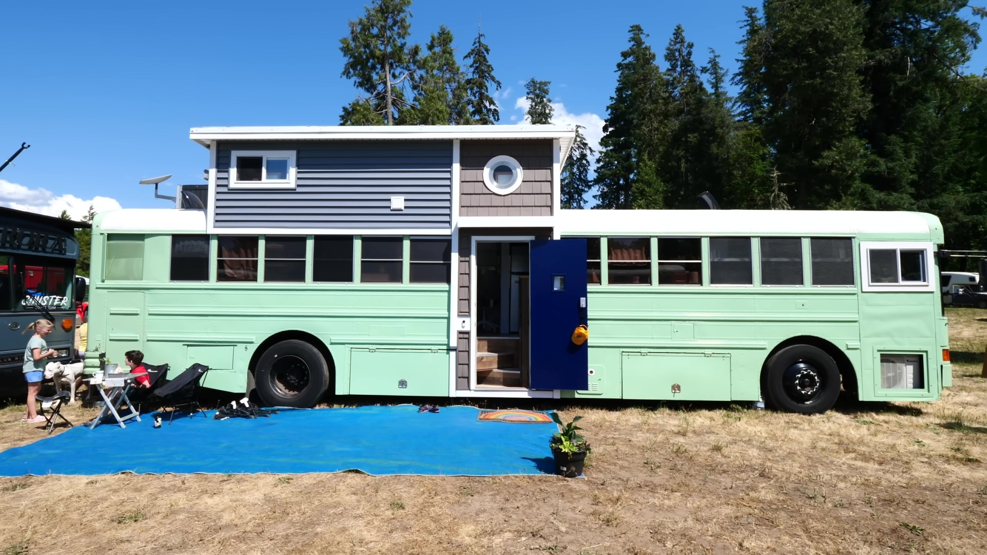 We’re raising our five kids on the road – we added an extra story to our bus to fit everyone, there’s even a home office