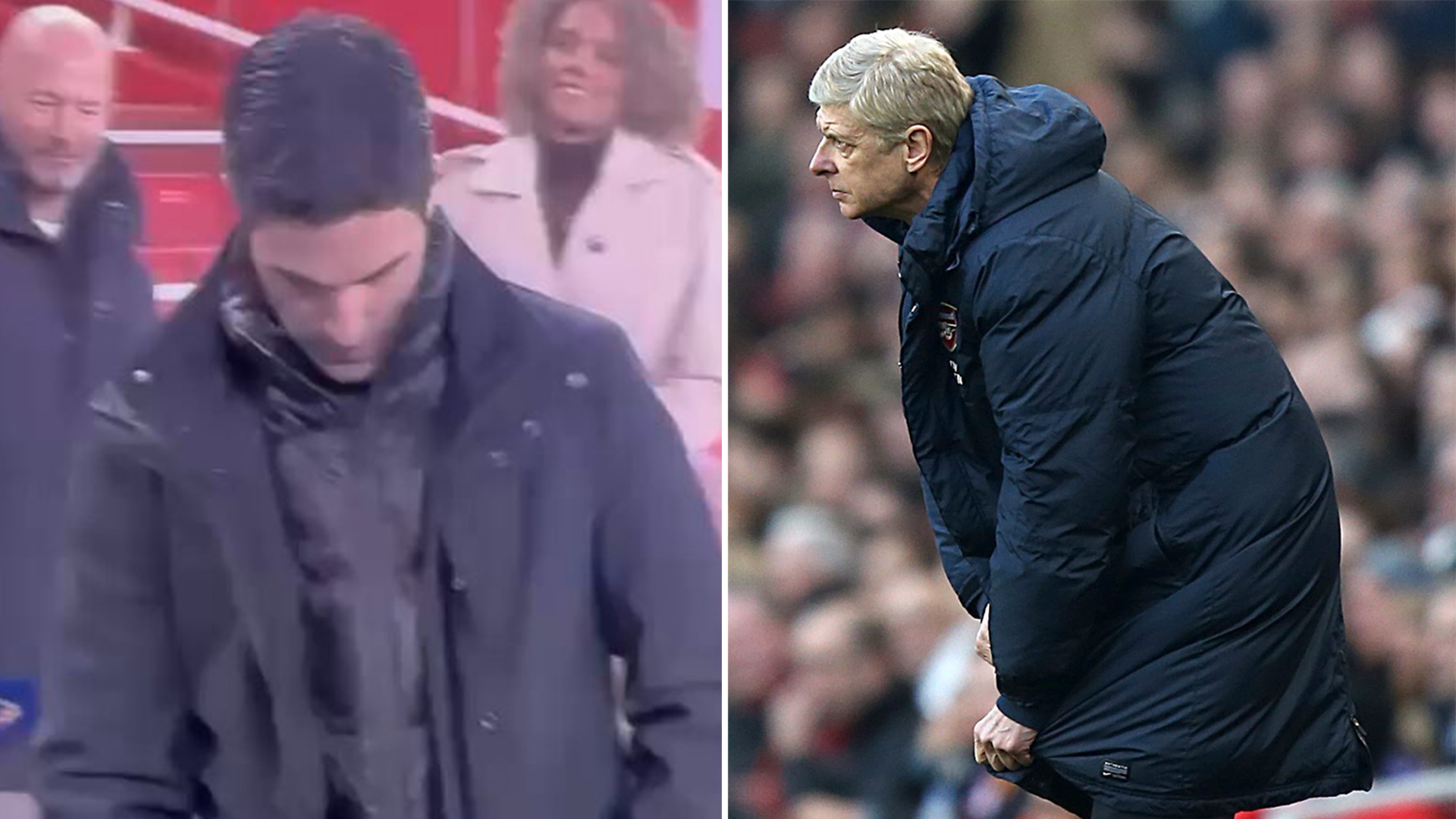 Mikel Arteta goes full Arsene Wenger as he struggles to do up his coat after Arsenal's win over Man Utd